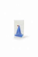 Load image into Gallery viewer, SMALL WHITE/BLUE SAILBOAT TEALIGHT HOLDER
